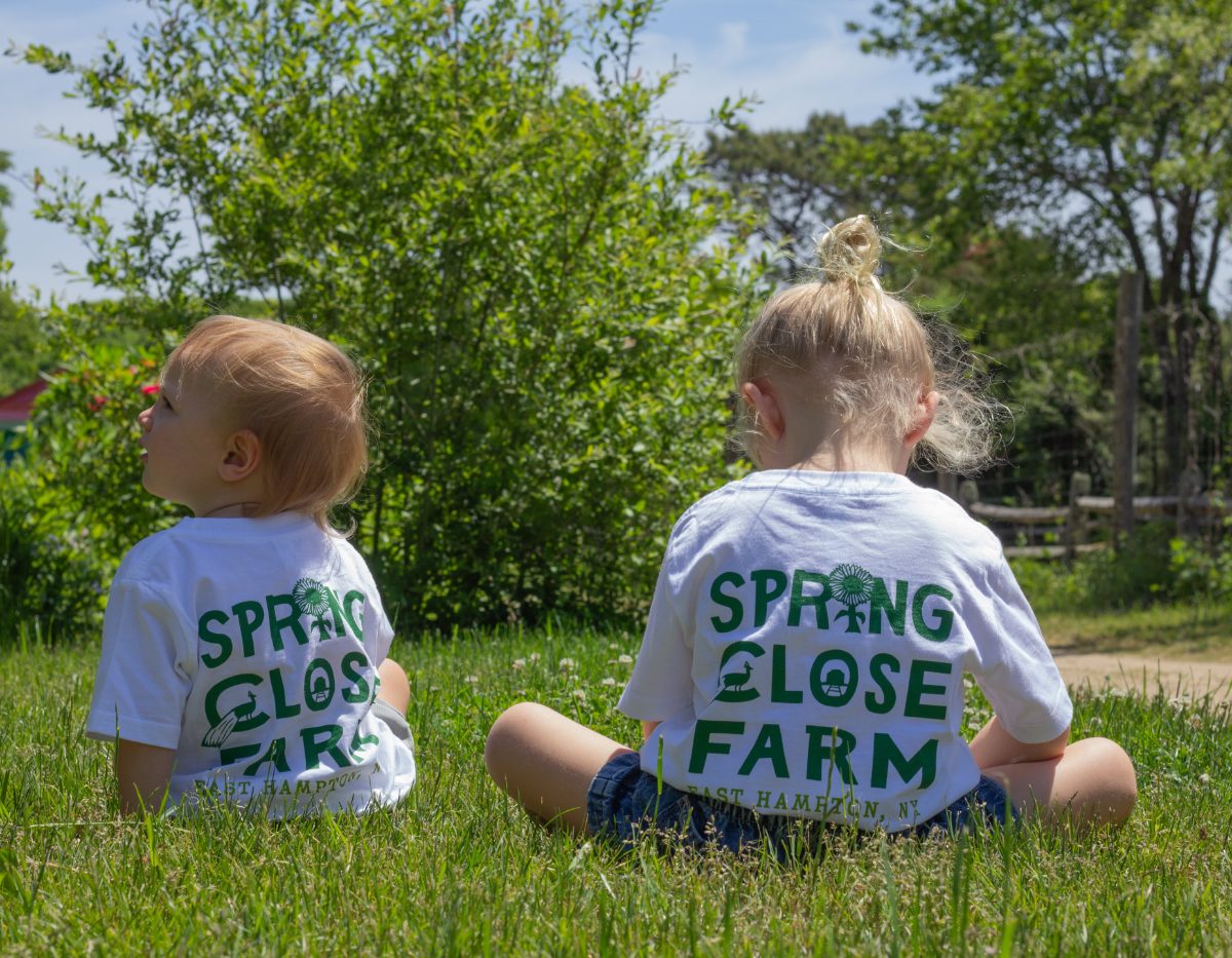 Two kids in Spring Close Farm tees