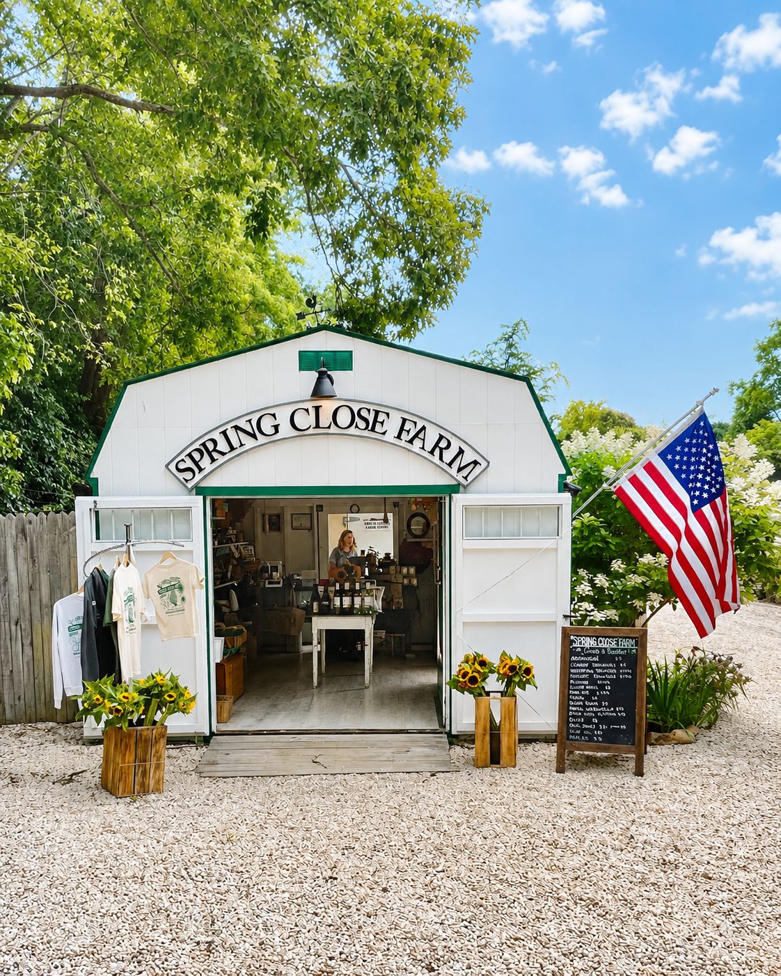 The Spring Close Farm stand with the American flag